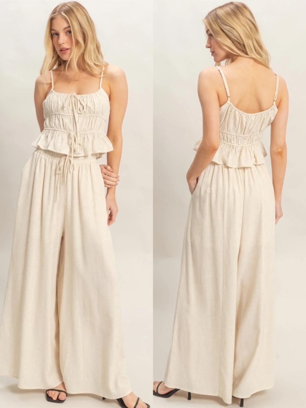 NEW HYFVE Oatmeal Tiered Tank Palazzo Pants Set Drawstring Linen Blend Small